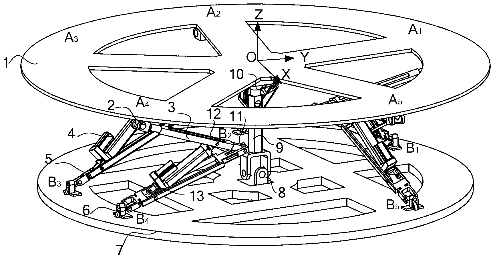 Folding type five-degree-of-freedom parallel connected attitude adjustment platform