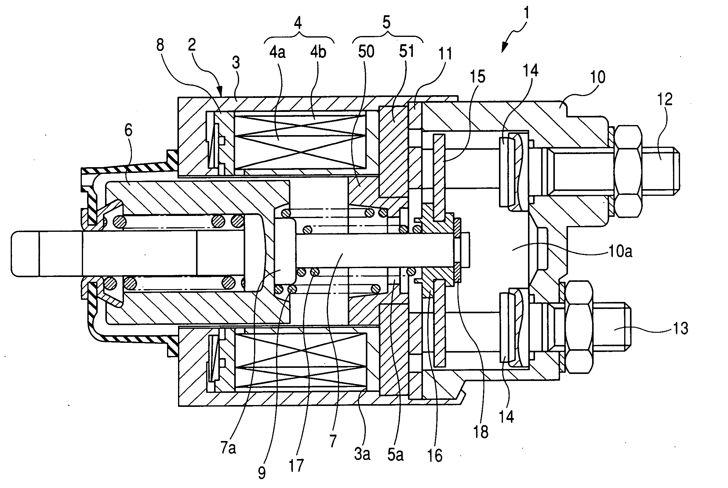 Electromagnetic switch with fixed magnetic core having disc portion formed of stack of base and balance metal sheets