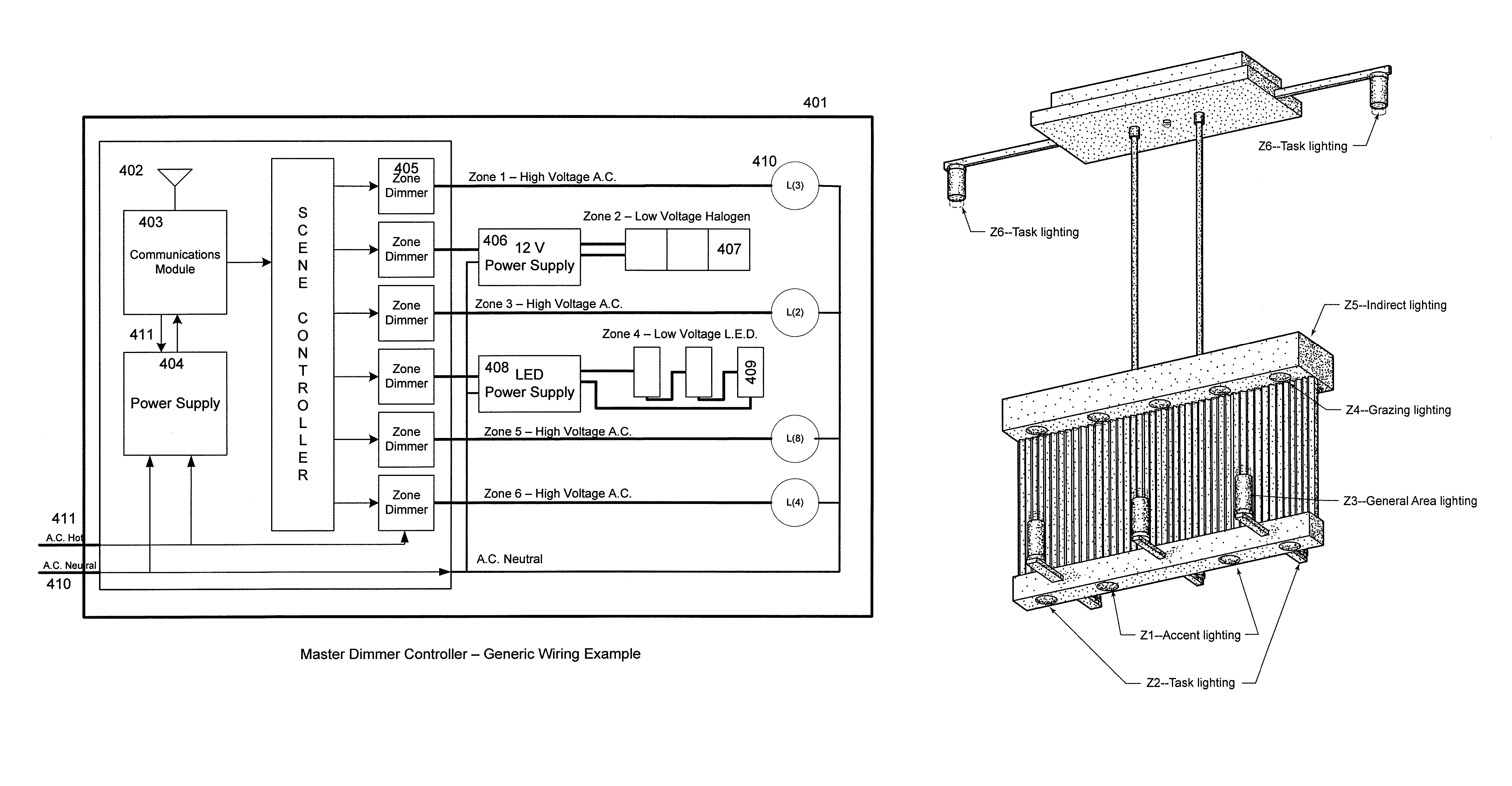 Combined lighting device with an integrated dimming control system