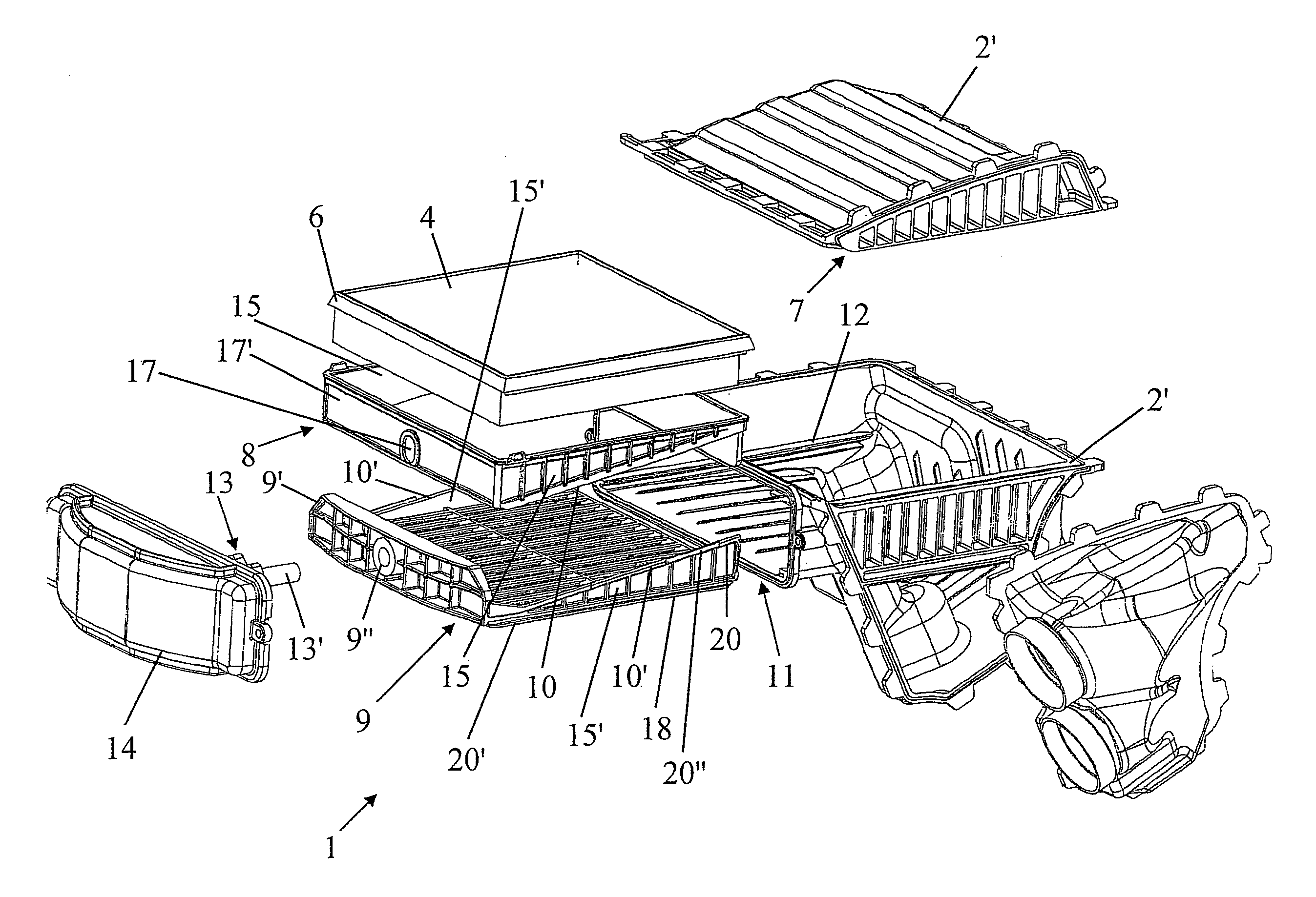 Drawer air-filter device and inlet assembly having such a device