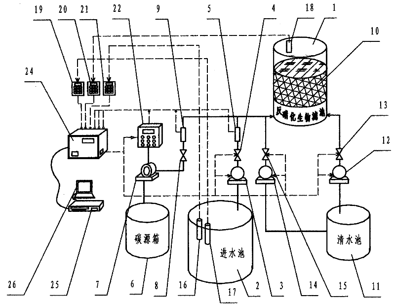 Device and method for optimized control over carbon source feeding in denitrification biofilter process