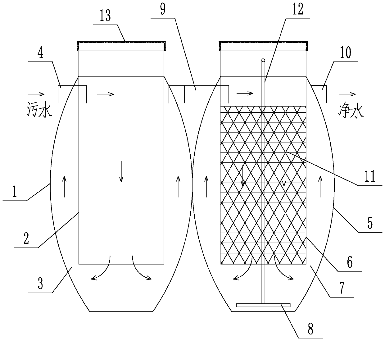 Biological purification tank for integrated treatment on excrement and sewage