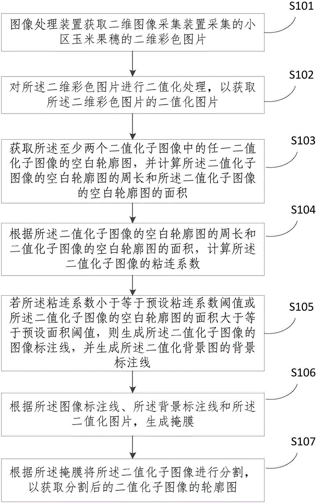 Adhesive corn ear segmentation method and device used in cell corn ear species testing