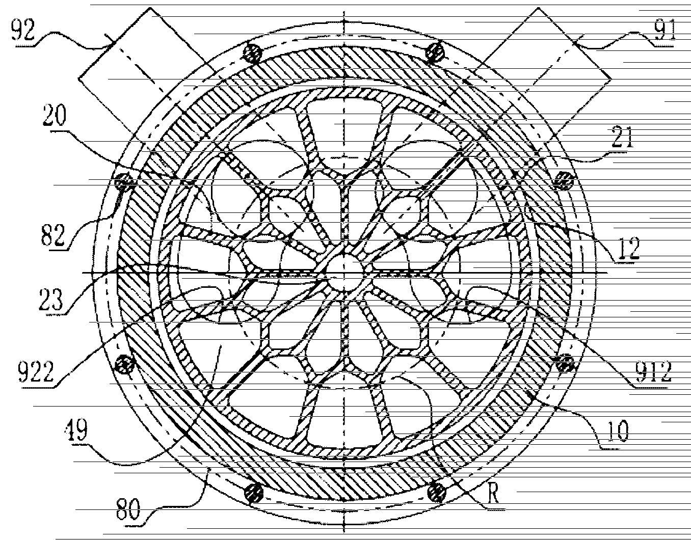 Supercharger with stagger hydraulic pistons of staggered channels on hollow rotor