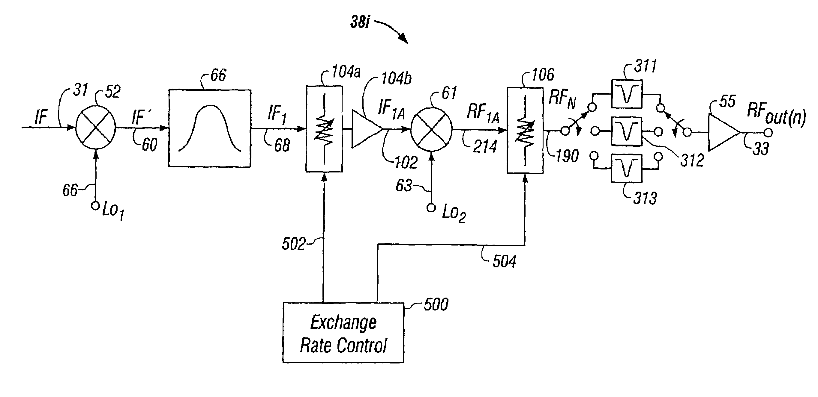 Agile frequency converter for multichannel systems using IF-RF level exhange and tunable filters