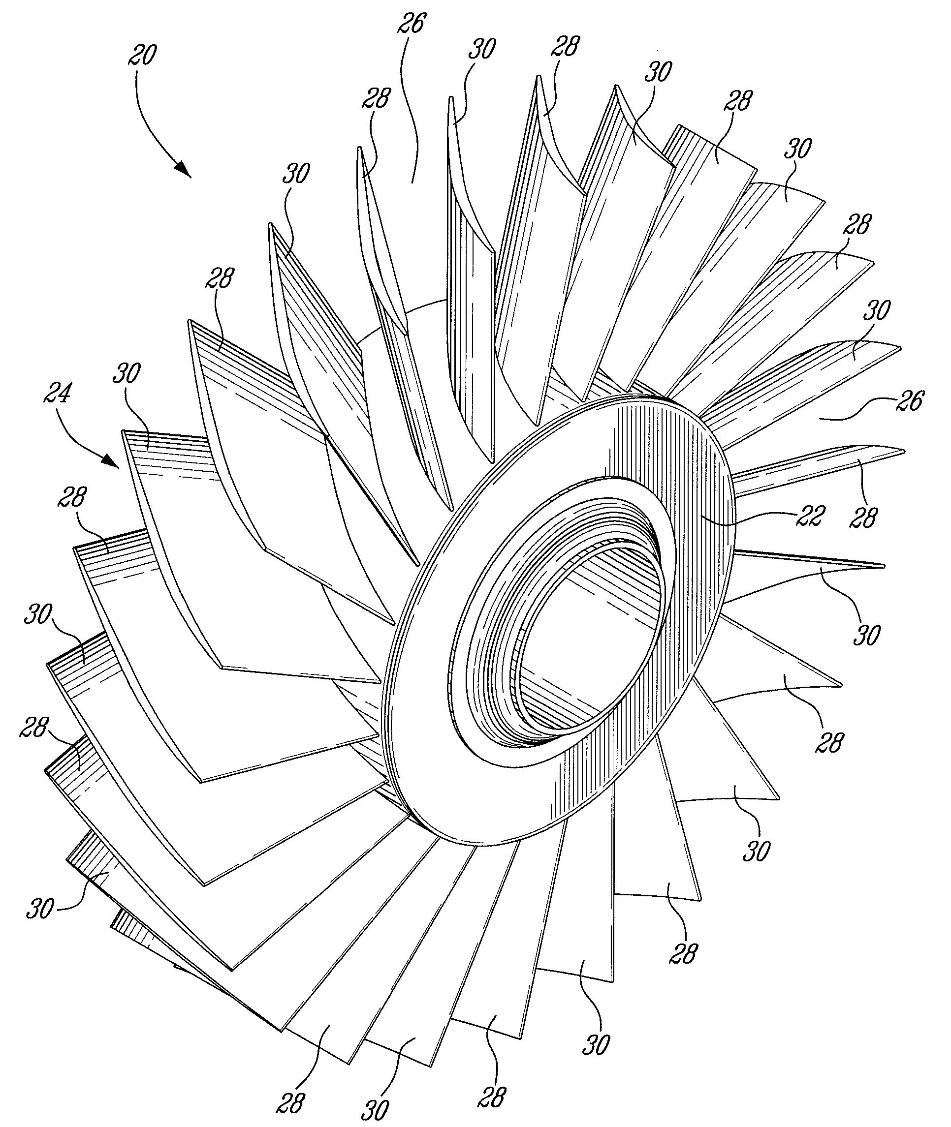 Intentionally mistuned integrally bladed rotor