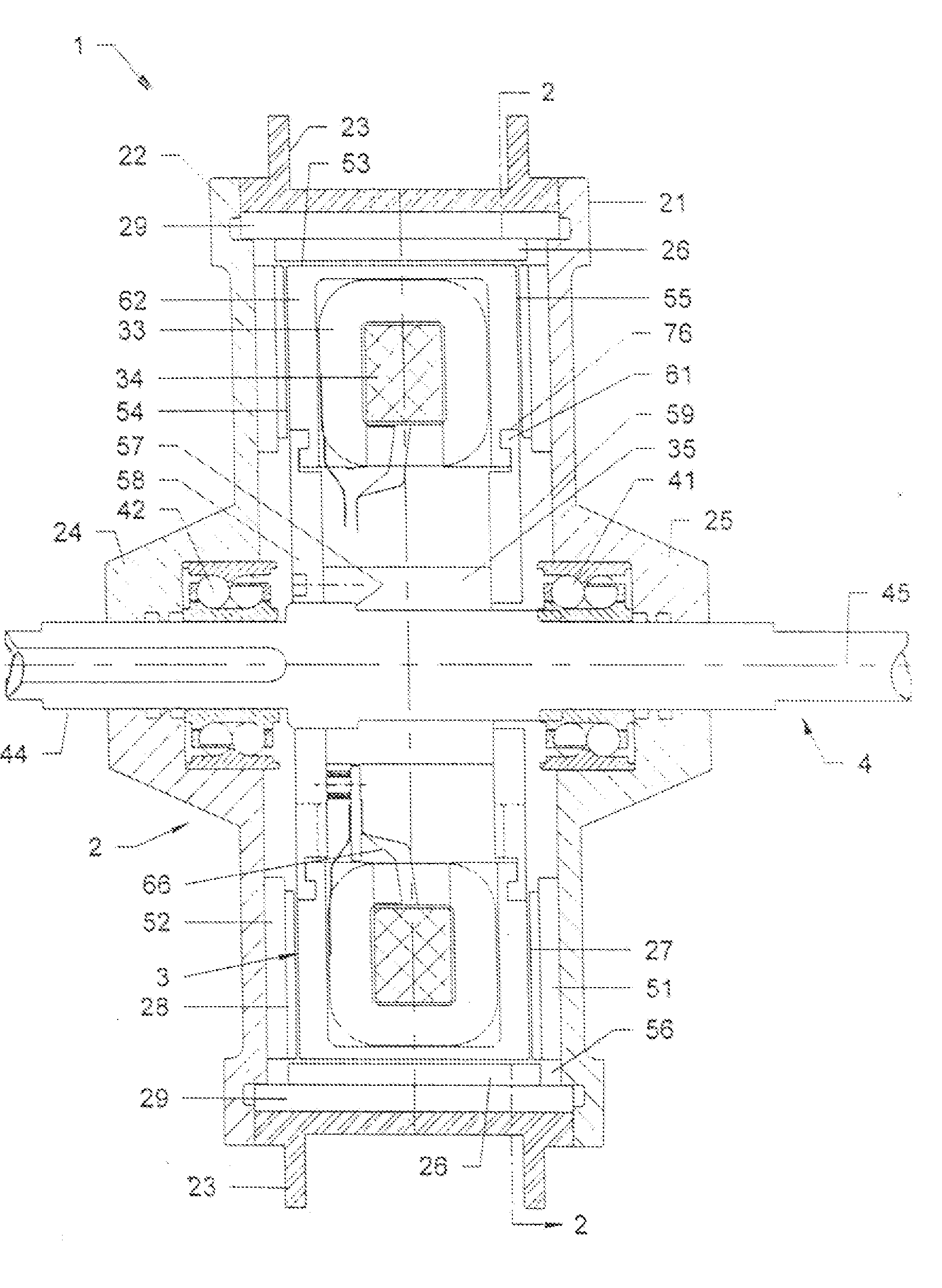 Three-gapped motor with outer rotor and stationary shaft