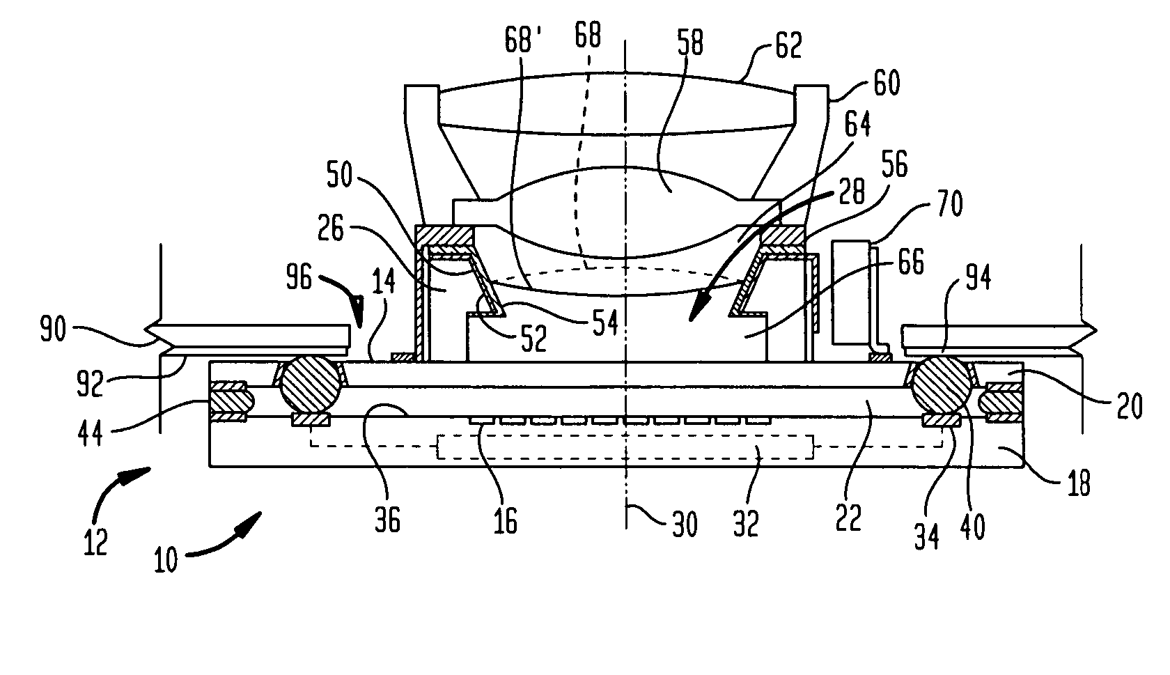 Liquid lens with piezoelectric voltage converter