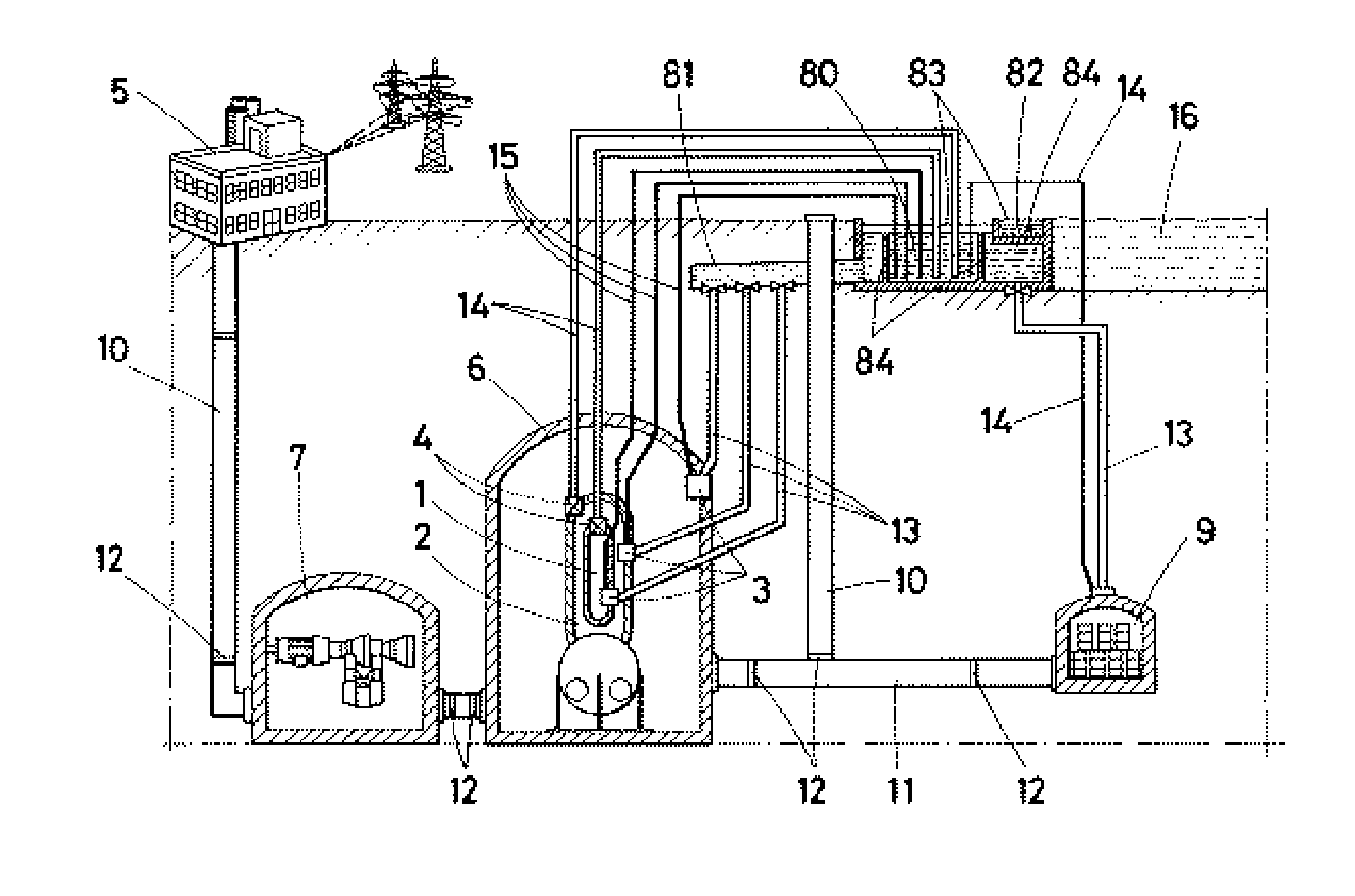 Nuclear power plant, safety system with fuse element and gravity elevator