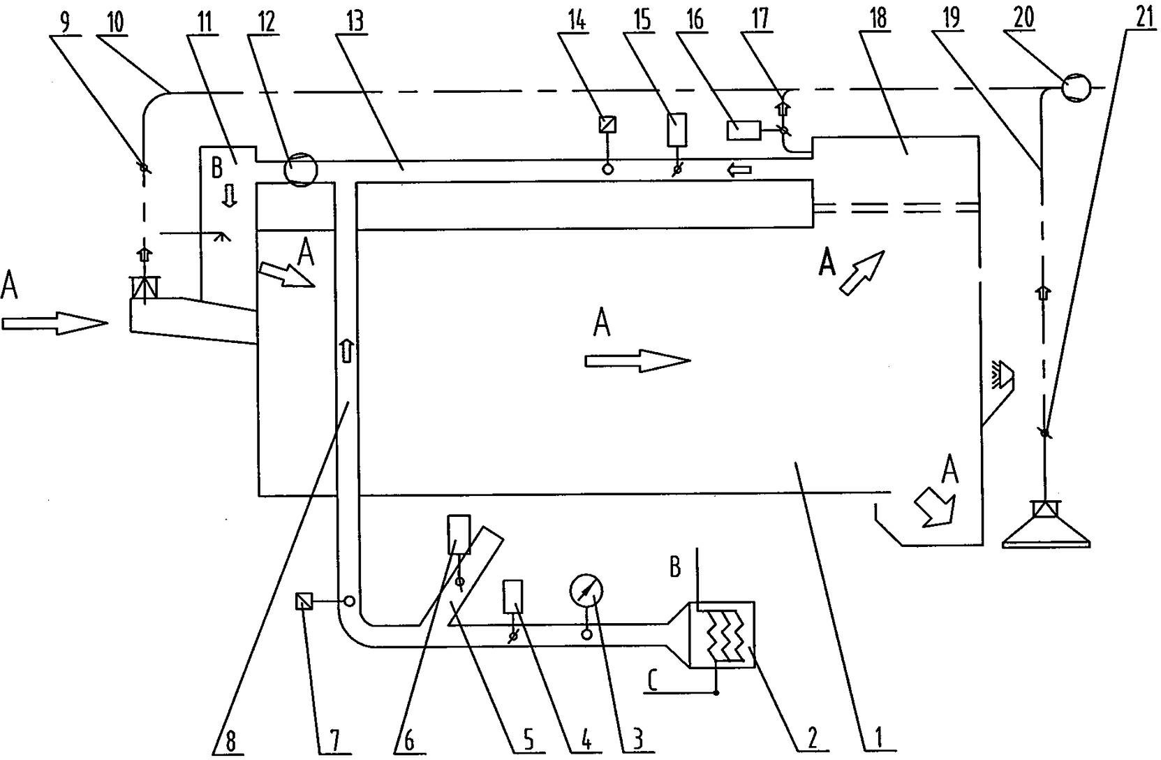 Process hot air circulating device for tobacco charging machine and control method for device