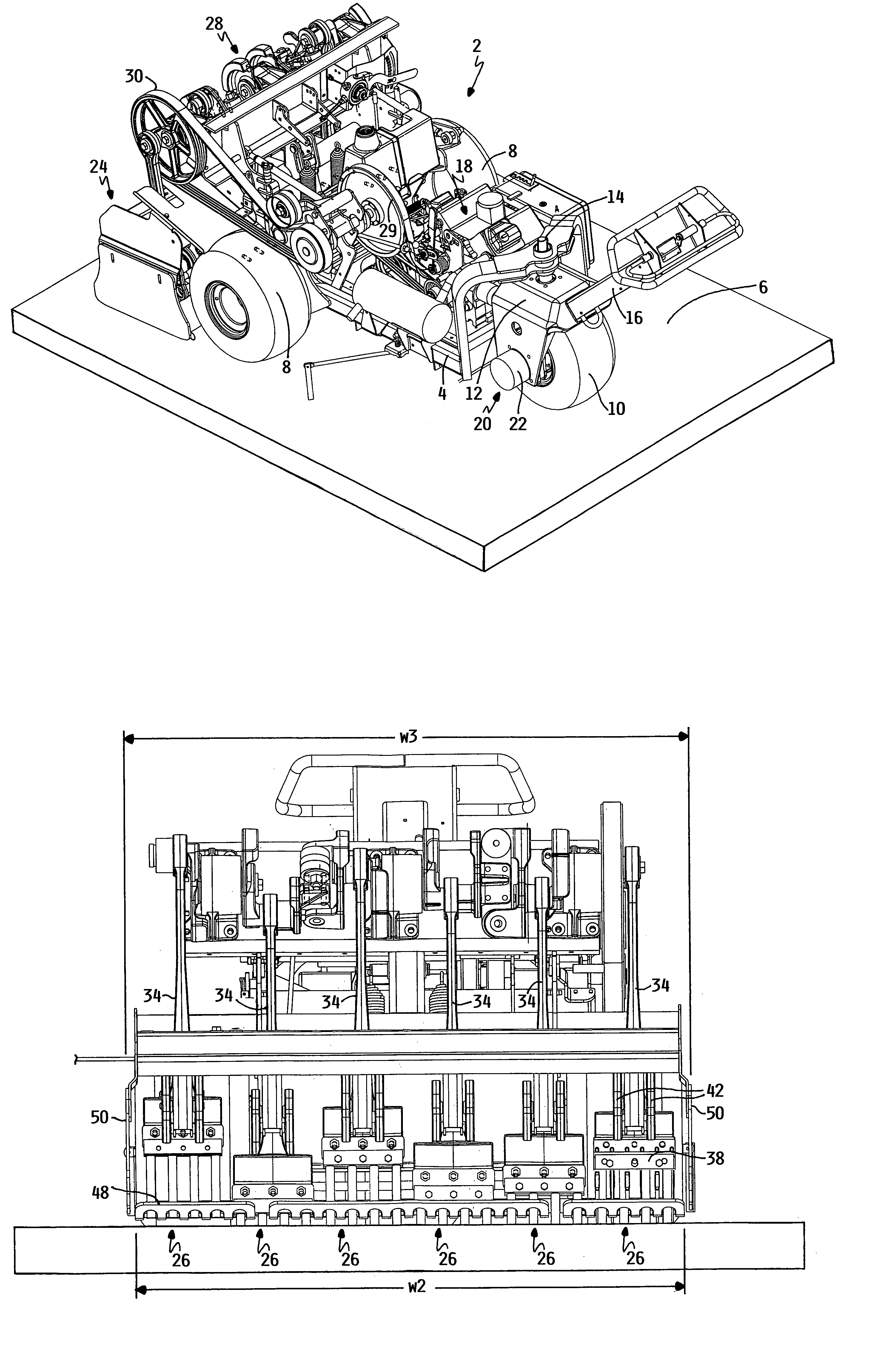 Walk aerator with inboard wheels