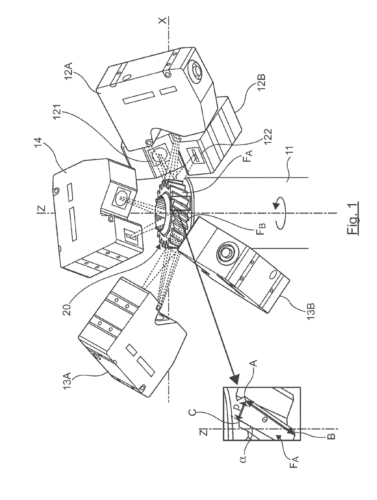 Device for the contactless three-dimensional inspection of a mechanical component with toothing