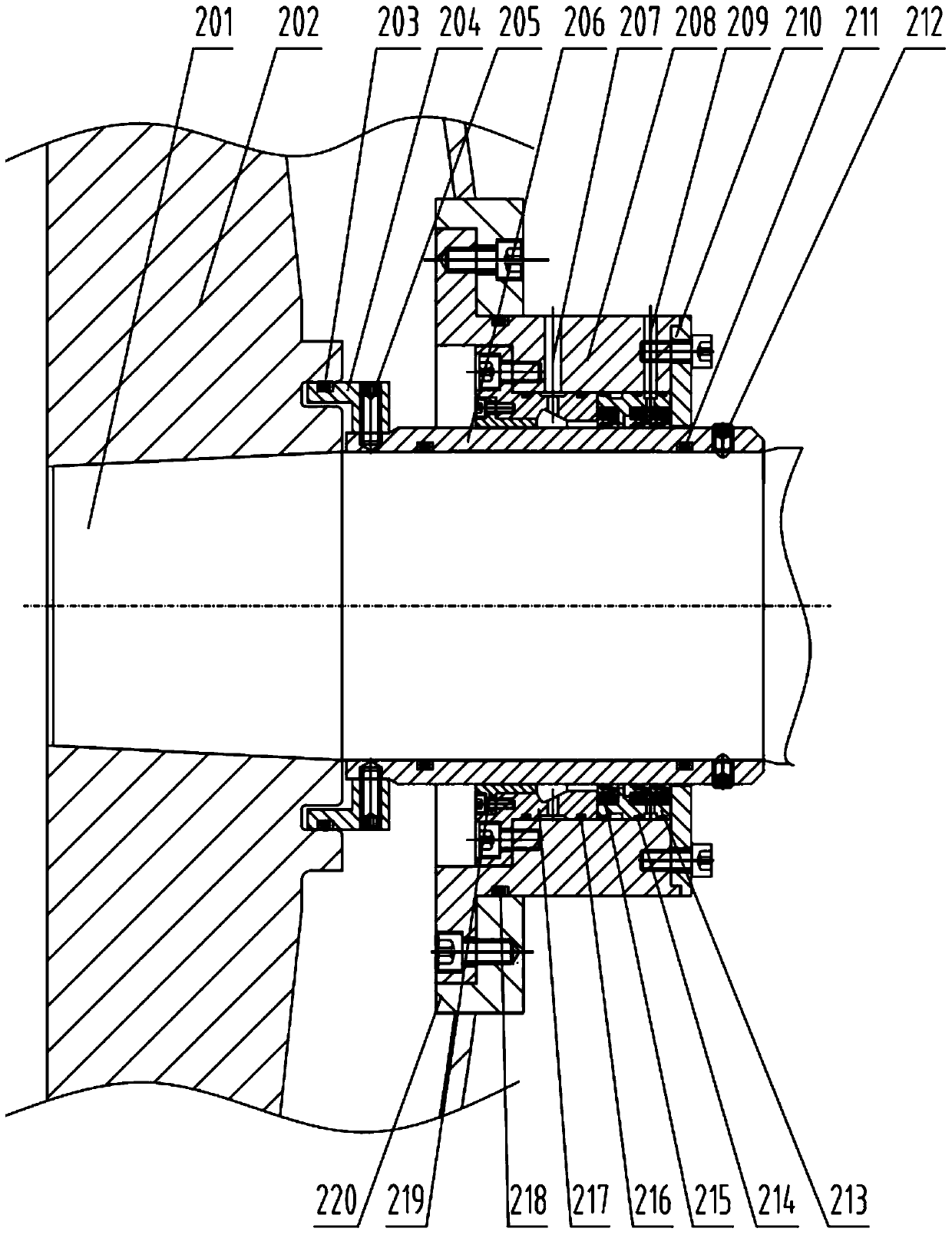 Sealing device for spindle of disc mill used as density fiberboard production equipment