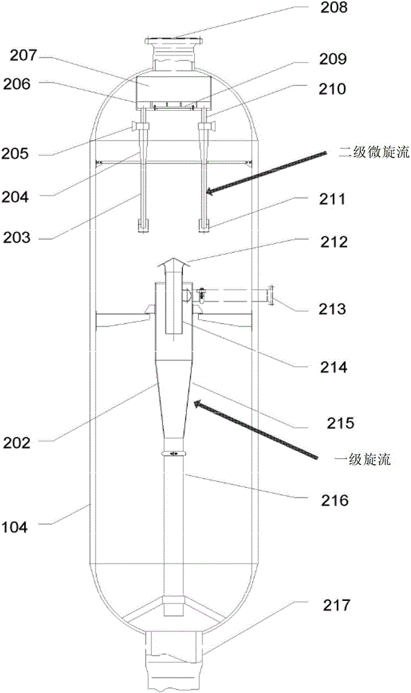 Two-stage cyclone series enhanced separation method and device for reaction products in suspended bed hydrogenation process