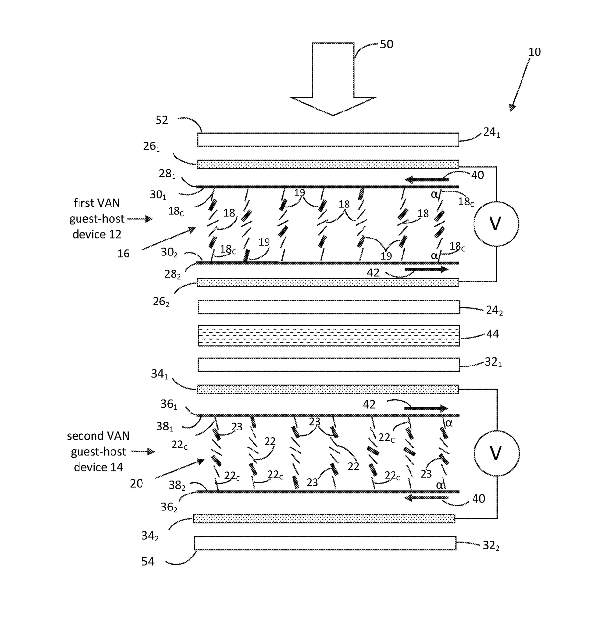 Electro-optic guest-host liquid crystal variable transmission filter with wide viewing angle