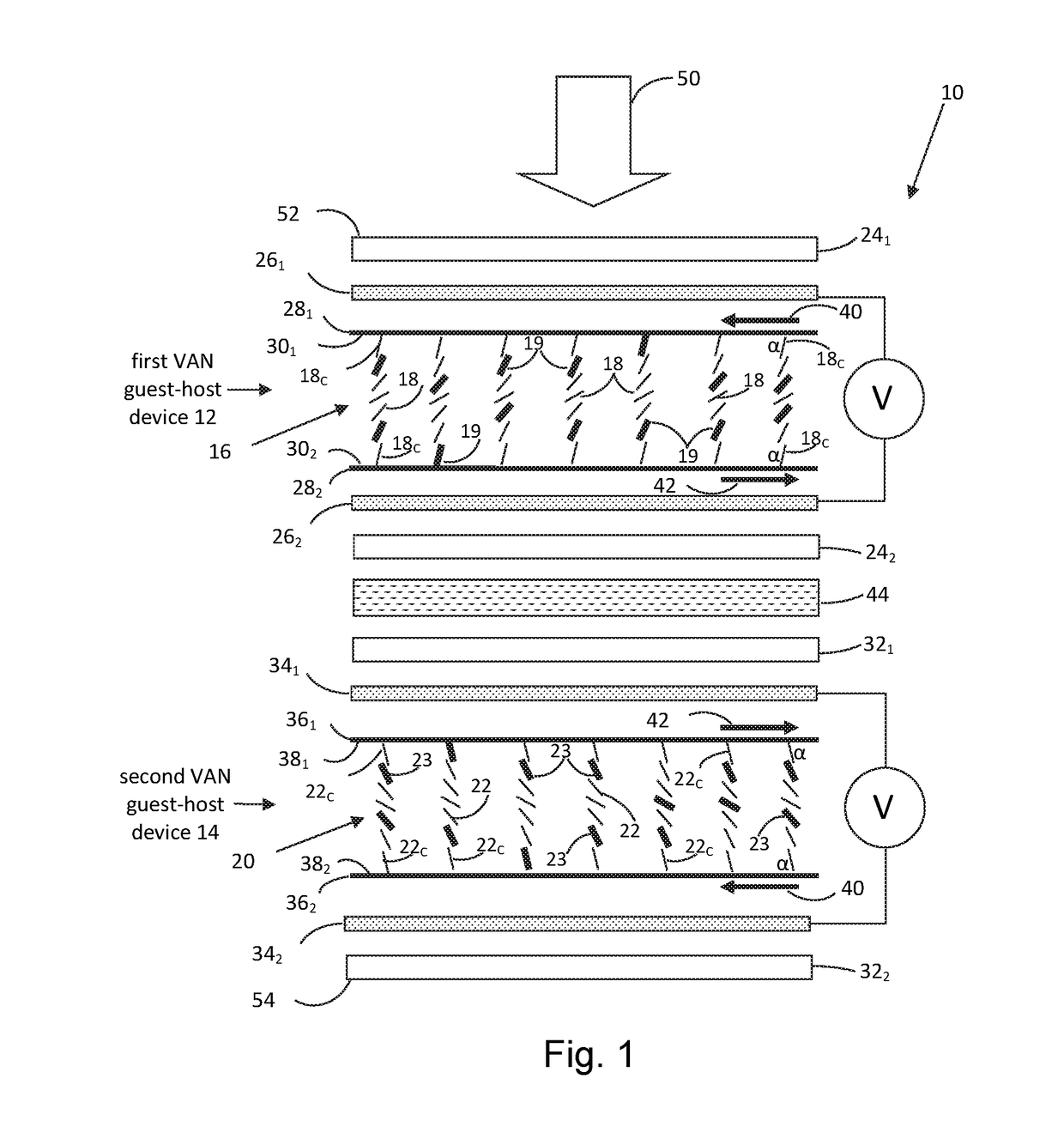 Electro-optic guest-host liquid crystal variable transmission filter with wide viewing angle