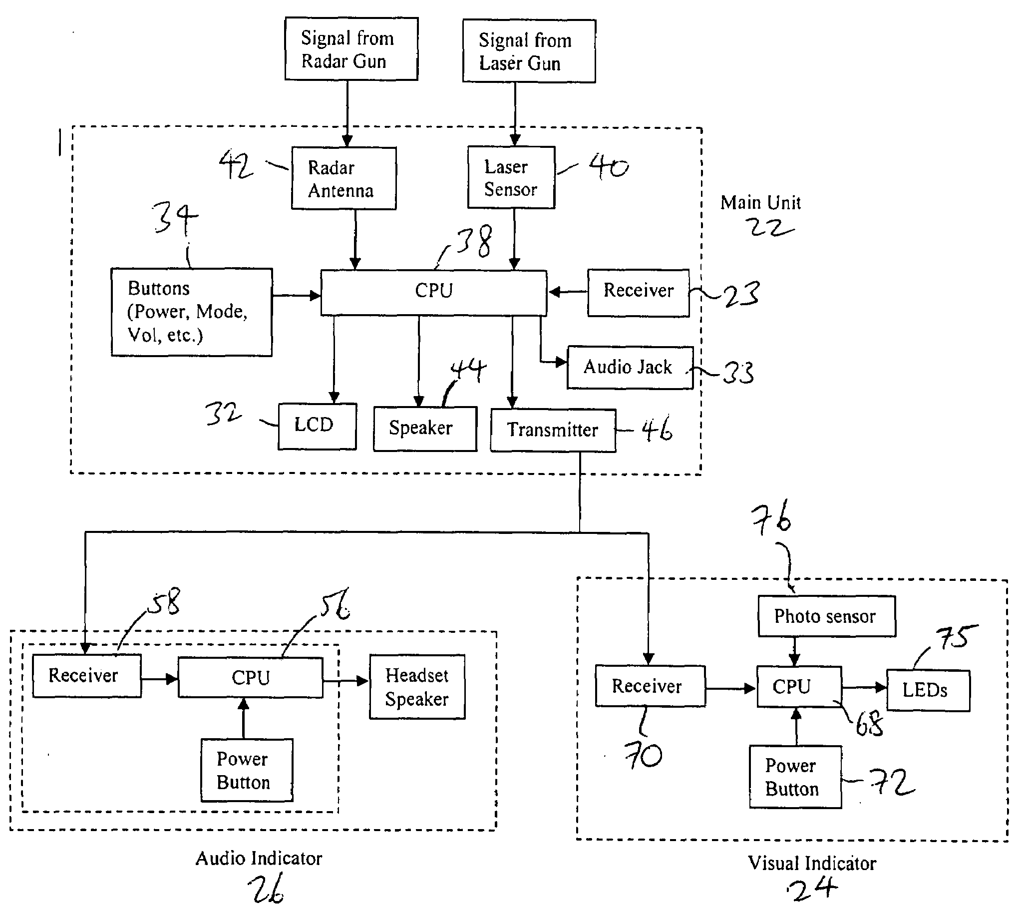 Motorcycle communication system with radar detector, and mounting assemblies therefor