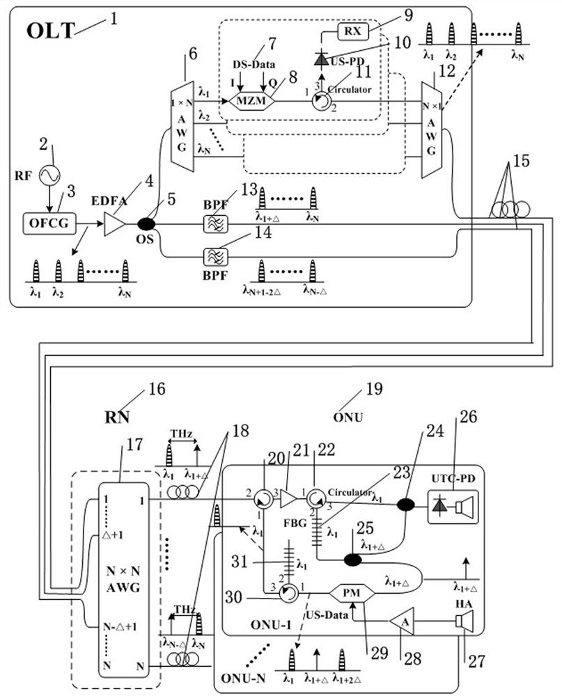 A light-generated light-carrying terahertz passive optical network system and transmission method