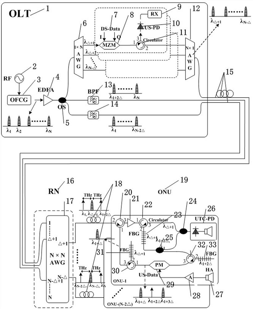 A light-generated light-carrying terahertz passive optical network system and transmission method