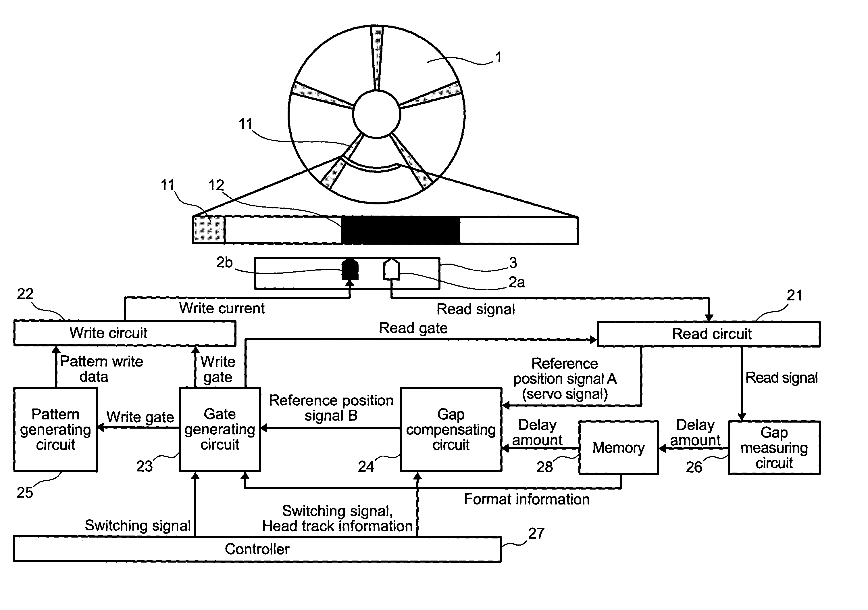 Method for compensating timing to start data recording and magnetic disk device using same