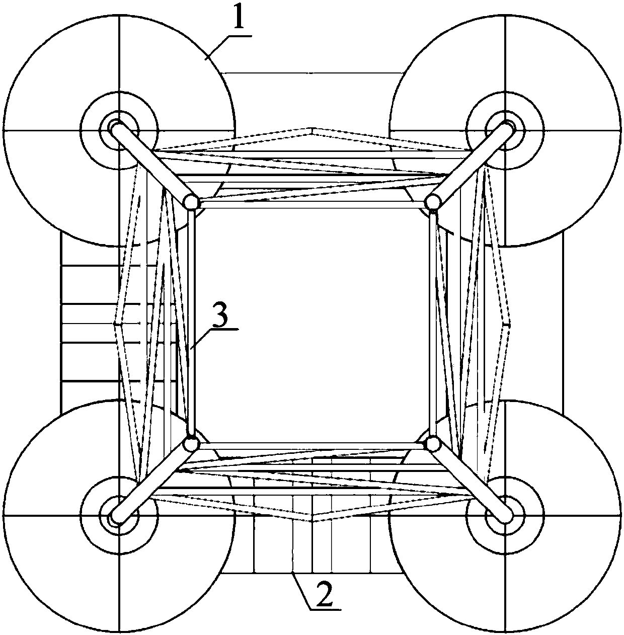 Combined offshore four-buoy four-buoyancy-tank foundation structure and construction method thereof