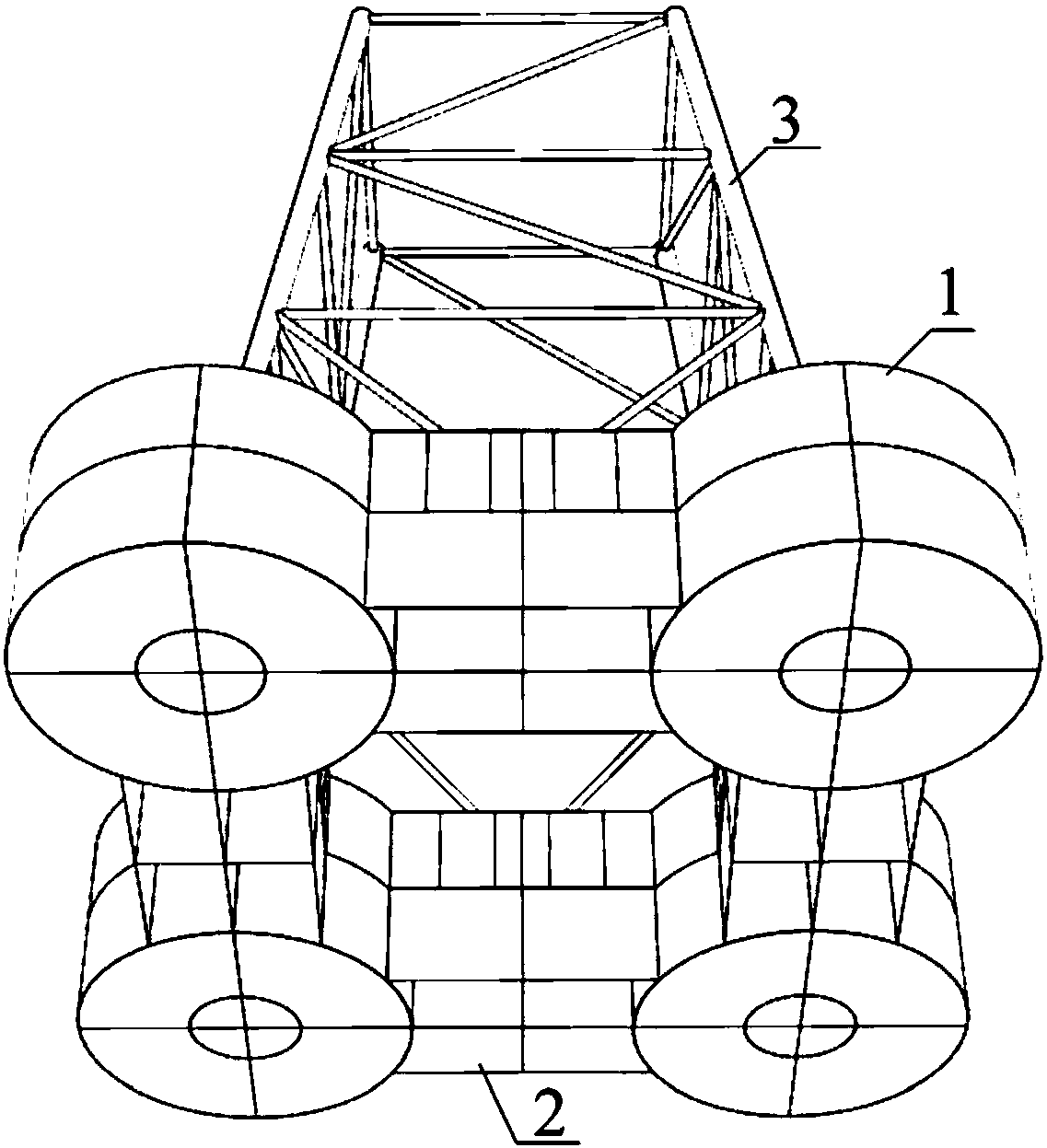 Combined offshore four-buoy four-buoyancy-tank foundation structure and construction method thereof