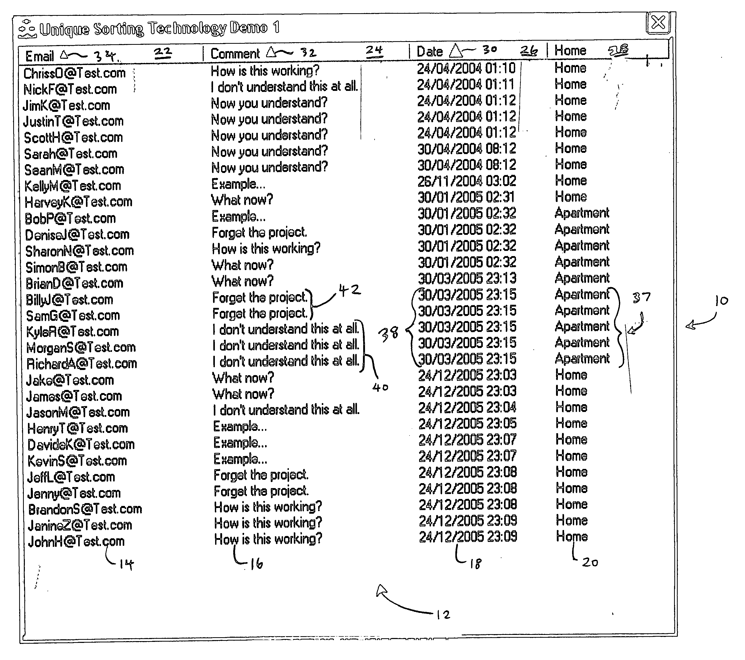 User interface and method for sorting data records