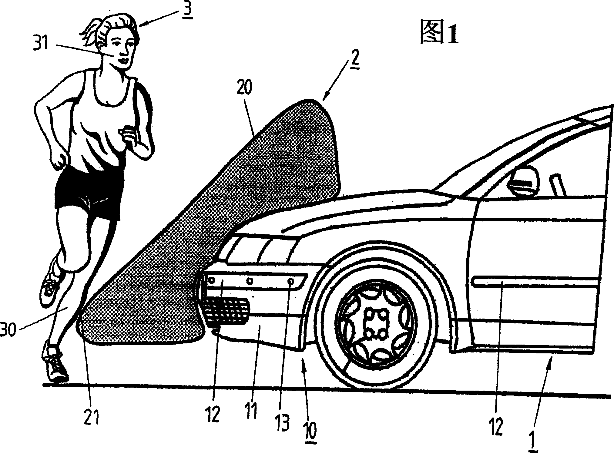 Device on motor vehicles to protect pedestrians and cyclists consists