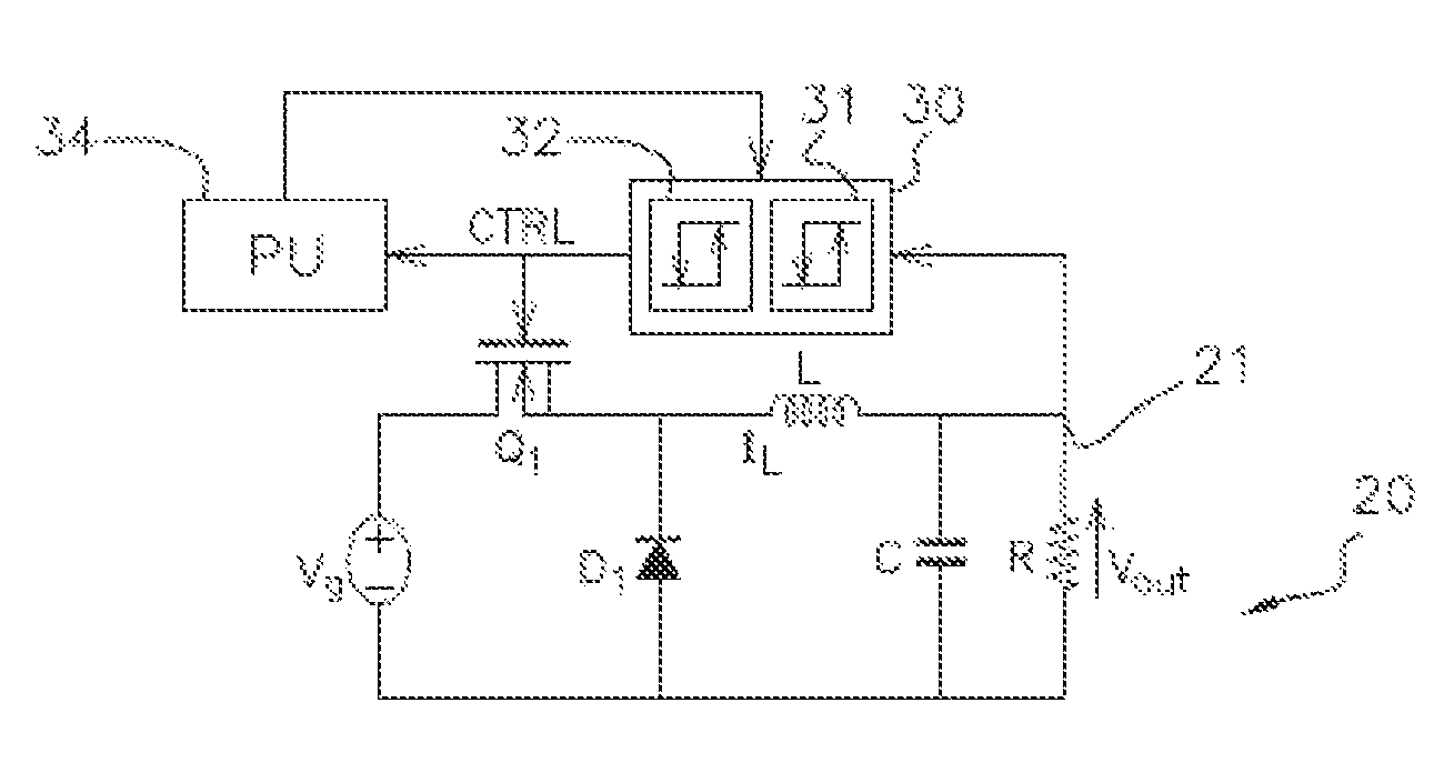 Control with hysteresis of an electronic device using a pulse-width modulated signal