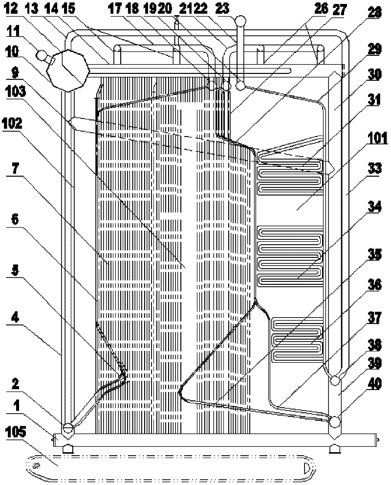 Angular pipe water circulating structure with complete forced upward flowing on heating surface