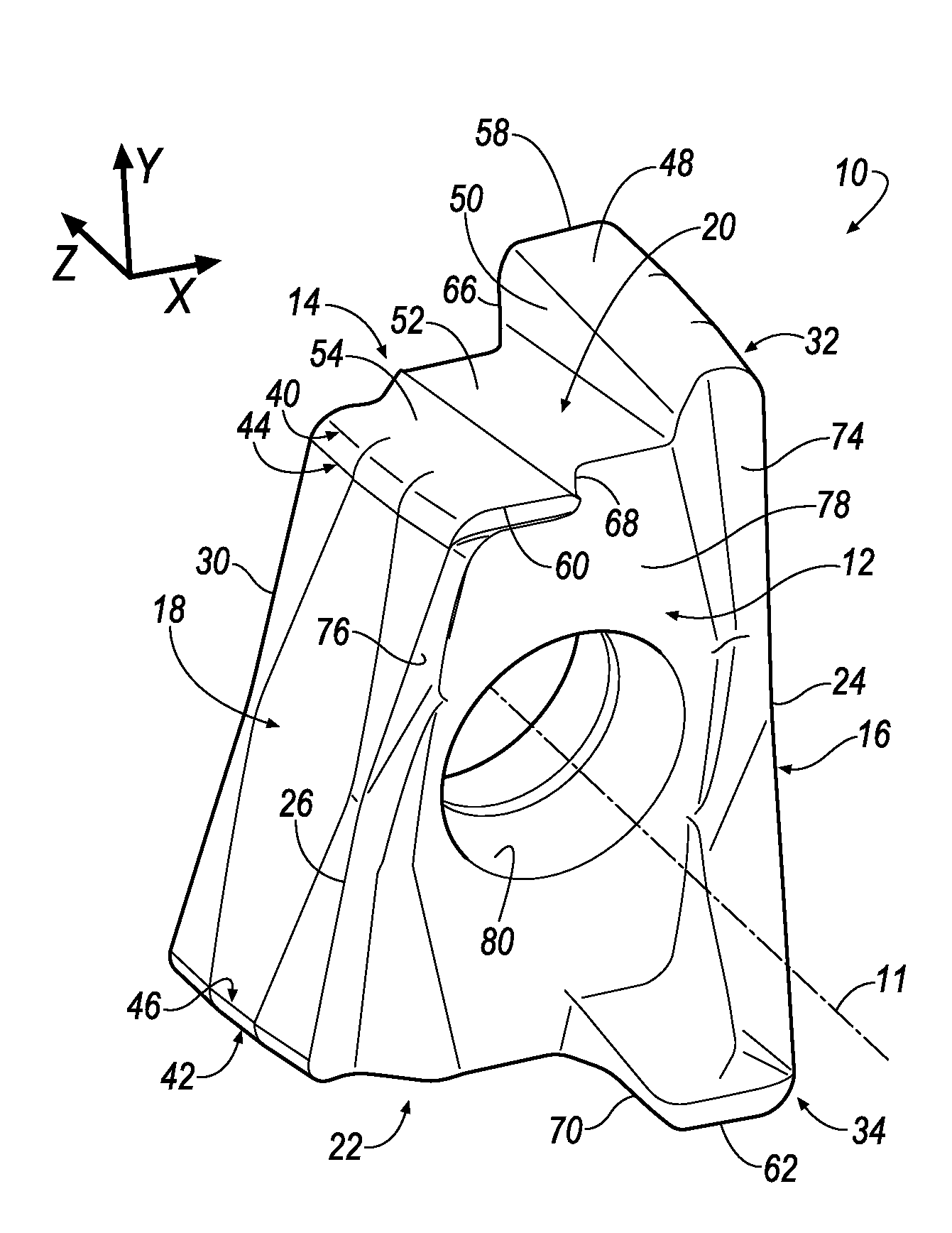 Double-sided, indexable cutting insert with ramping capability and cutting tool therefor