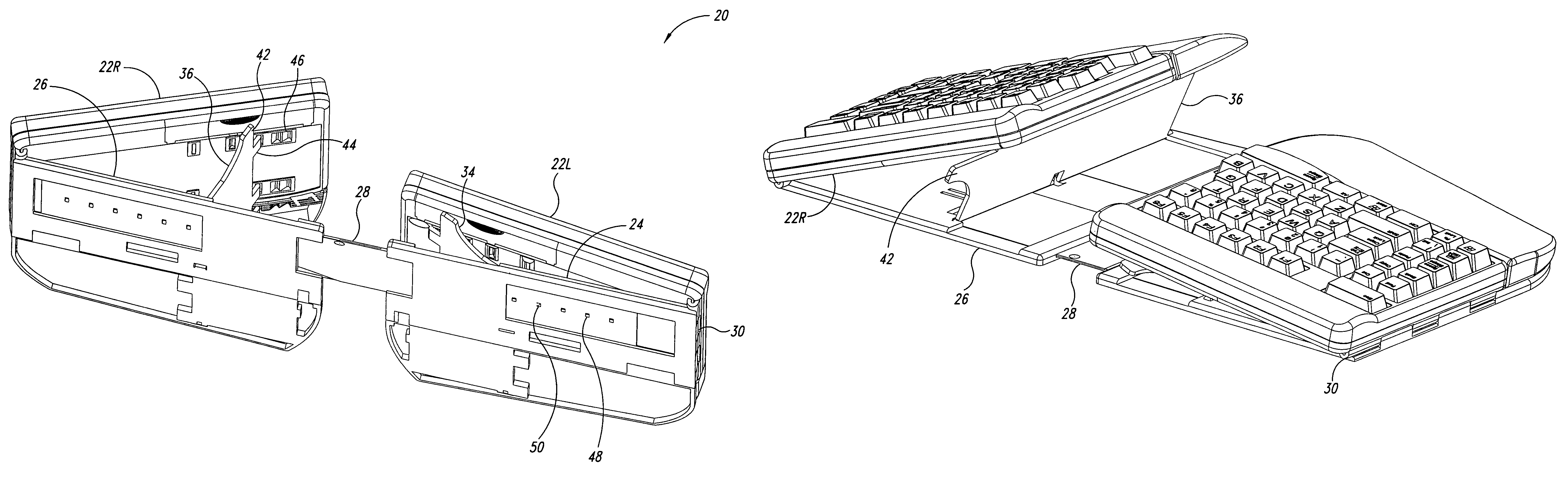 Keyboard with a pair of pivotable keying modules