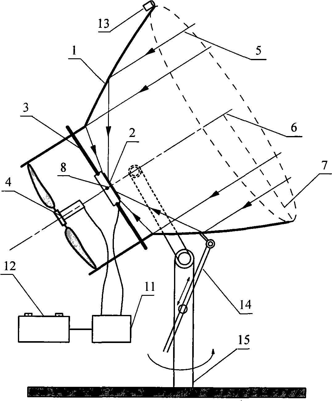 Composite device of light funnel light concentrating photovoltaic power generation and wind power generation