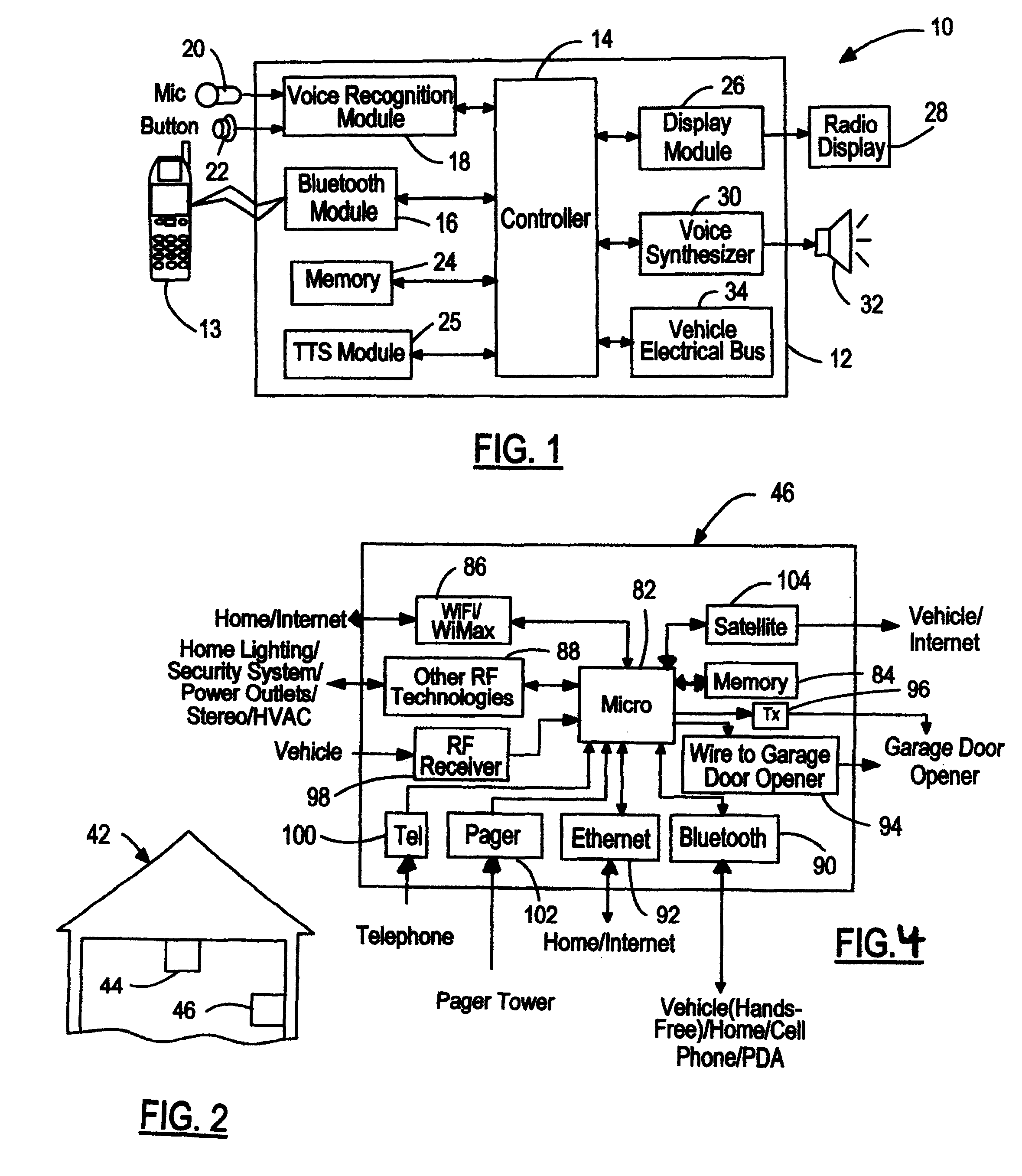 Garage door opener communications gateway module for enabling communications among vehicles, house devices, and telecommunications networks