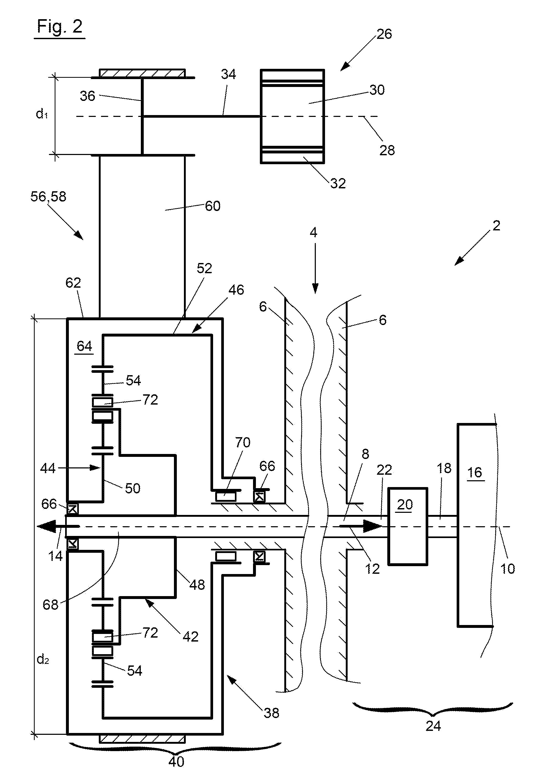 Drivetrain with engine, transmission, planetary gear set and electric machine