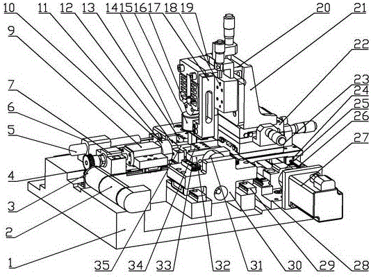 Nano indentation testing device under stretch-four-point bending preload