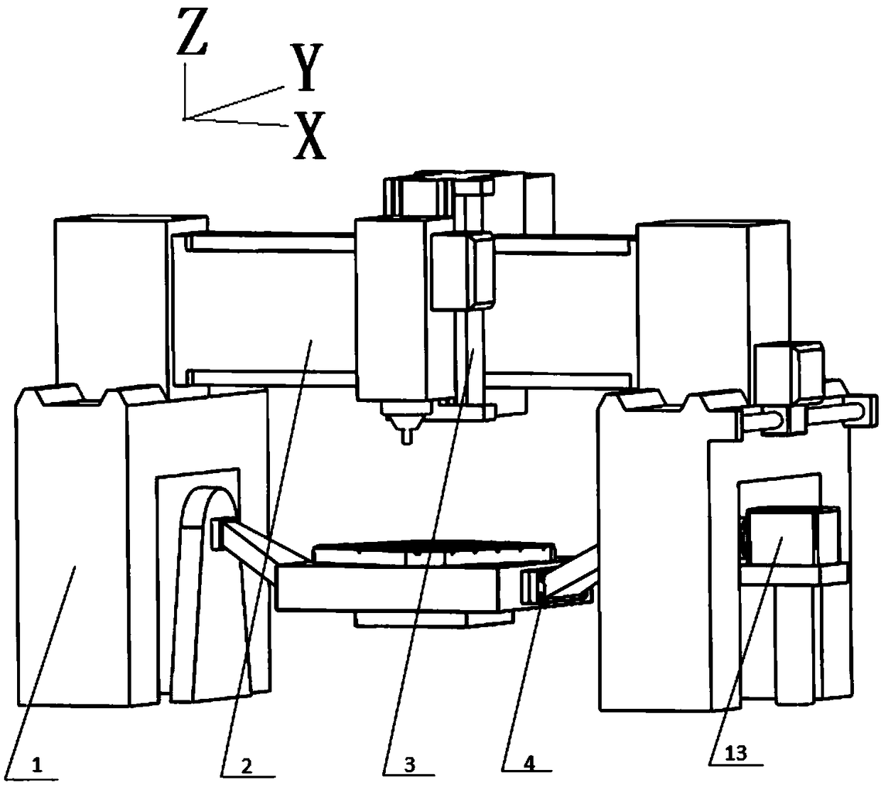 Five-axis additive manufacturing and subtractive manufacturing compound machining device