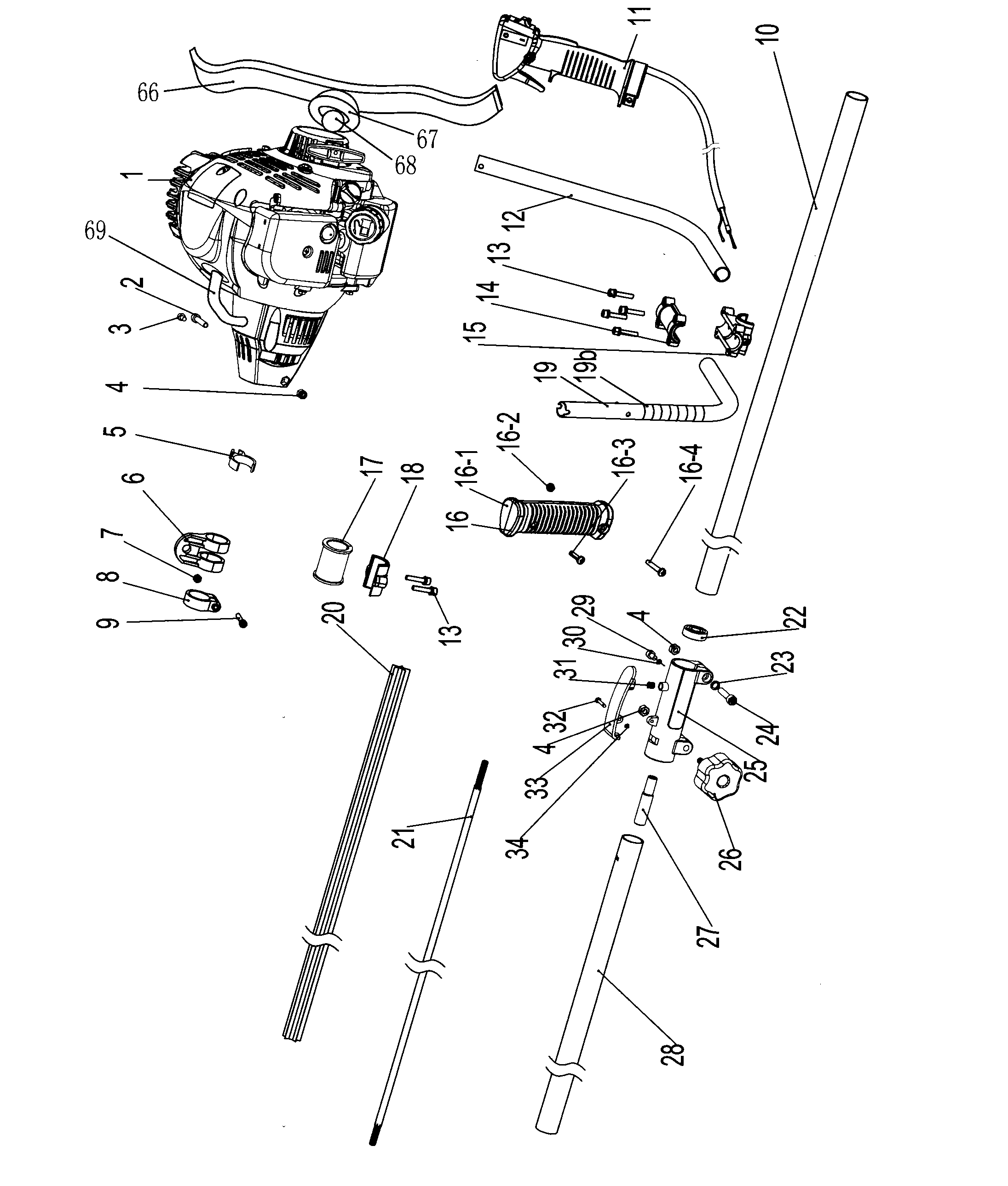 Bush cutter comprising catalase hush tube, swirl sprayer and two-stroke multi-scavenging-port gasoline engine