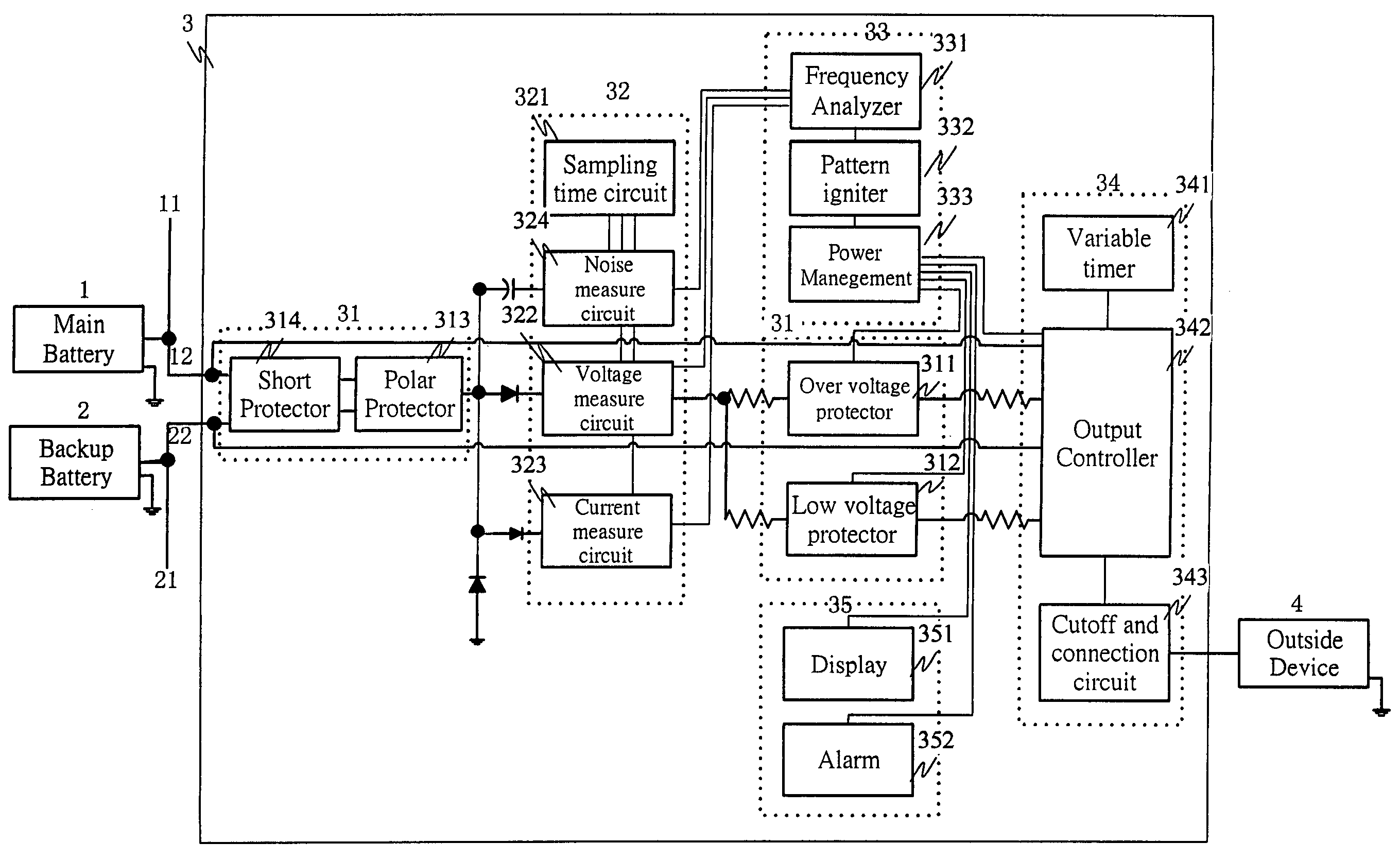 Method and device for vehicle battery protection with battery power source noise pattern analysis