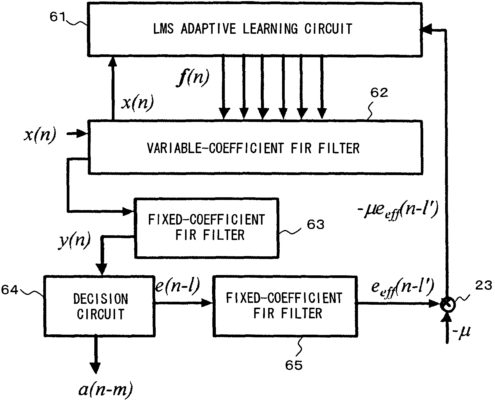 Digital filter adaptively learning filter coefficient