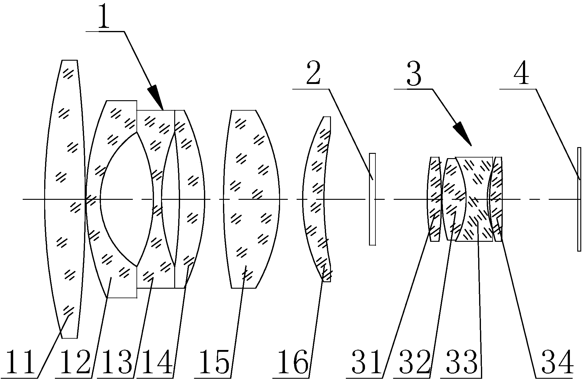 Large-image-plane, high-resolution and low-distortion optical lens