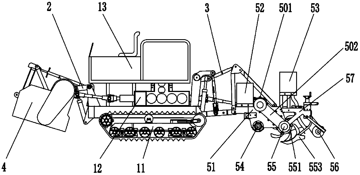 Self-propelled front-mounted straw crushing and rear-mounted rotary tillage, ditching, fertilization and seeding combined operation equipment