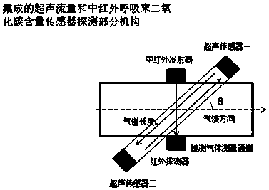 A device and a method for measuring the flow and the components of respiratory gases synchronously