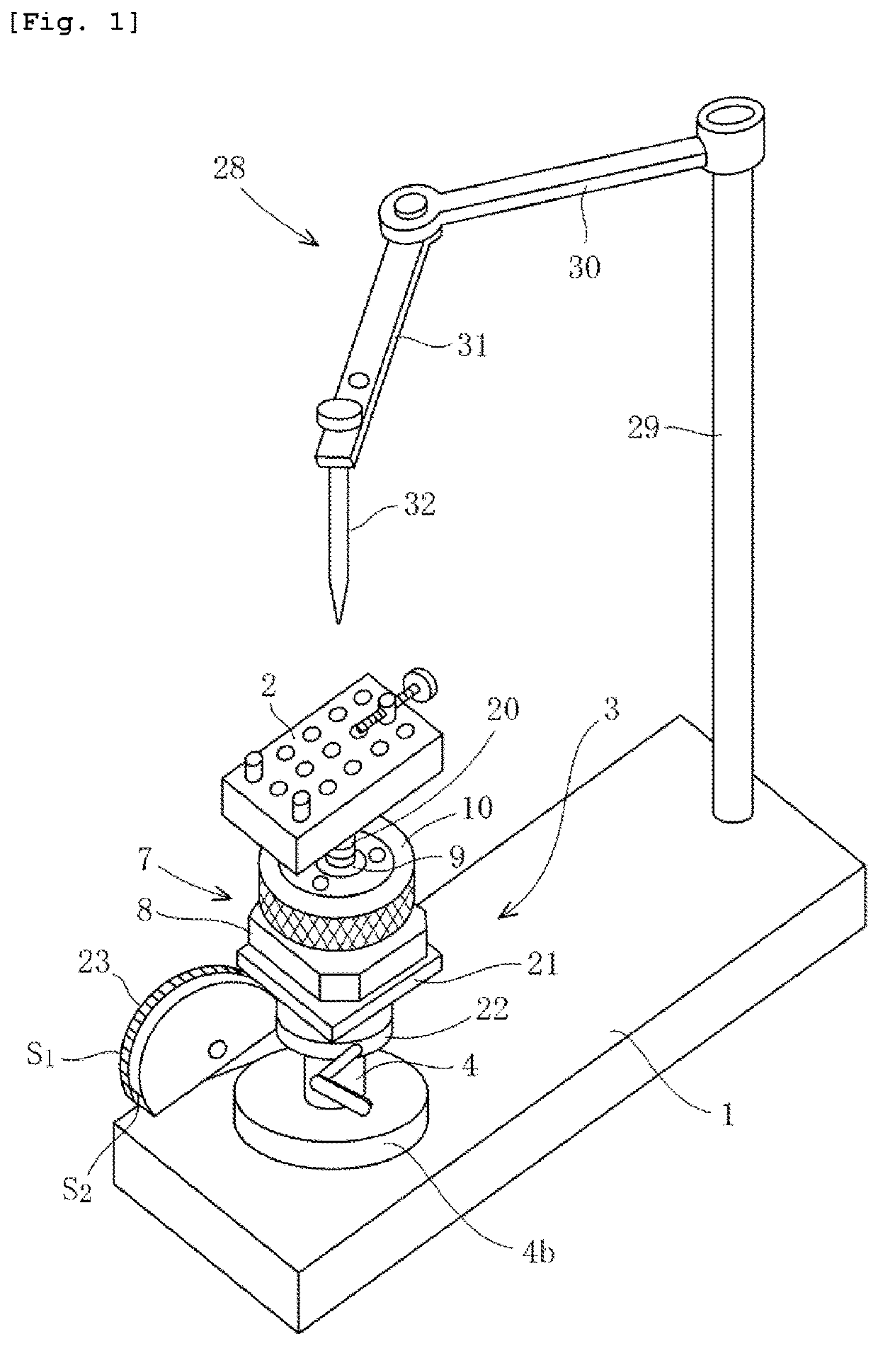 Angle adjustment stage device for dental technique