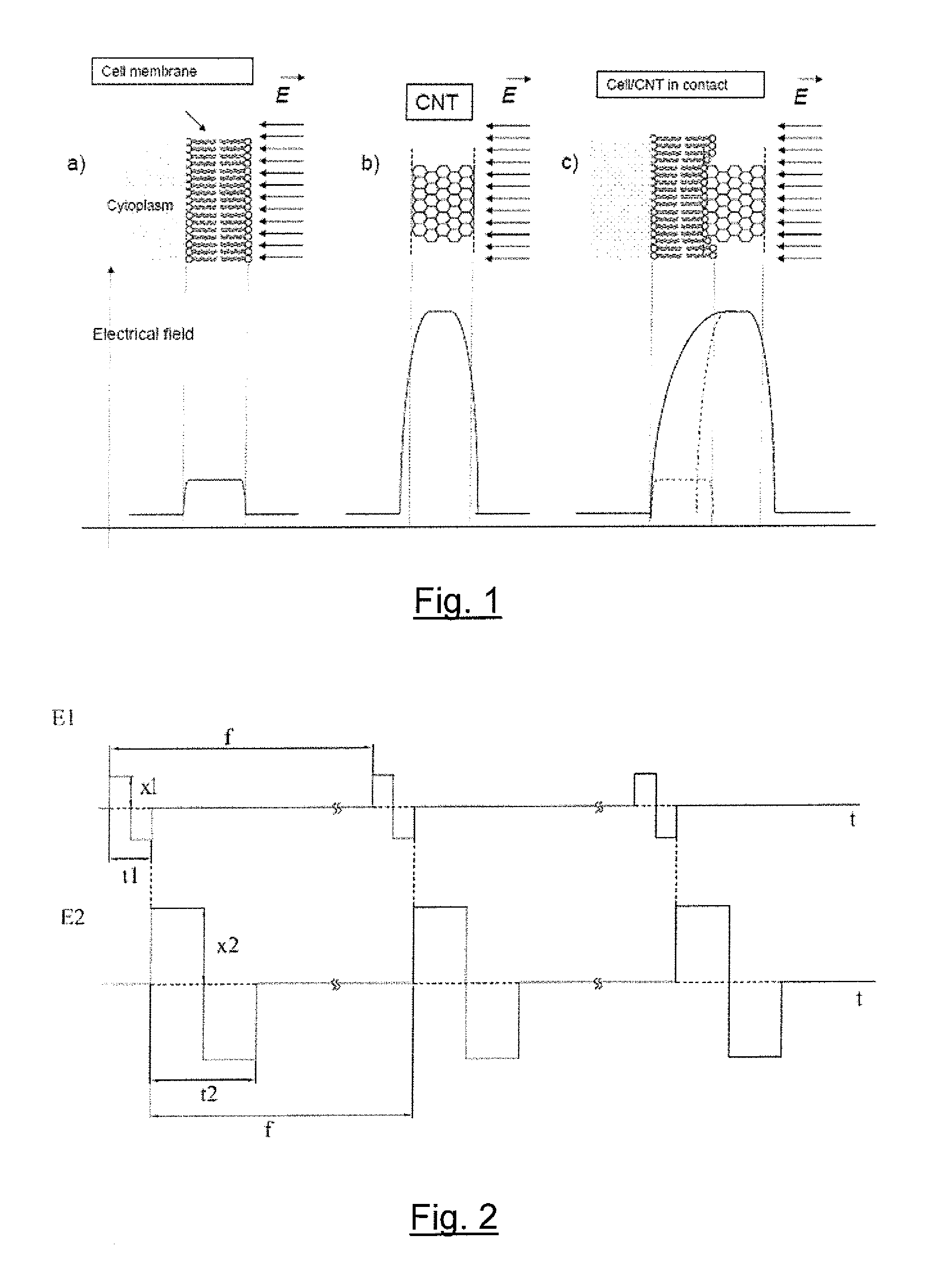 Non invasive method of electroporation mediated by carbon nanotubes and device for putting the method into practice