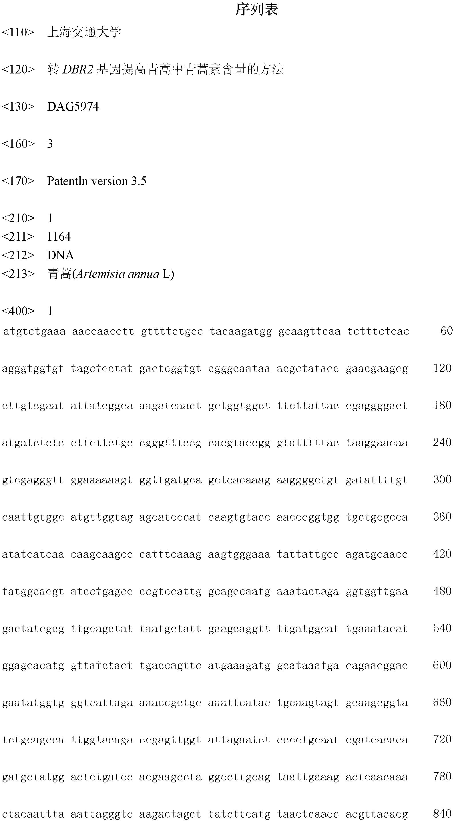 Method for increasing artemisinin content in sweet wormwood by DBR2 (double bond reductase 2) gene transfer