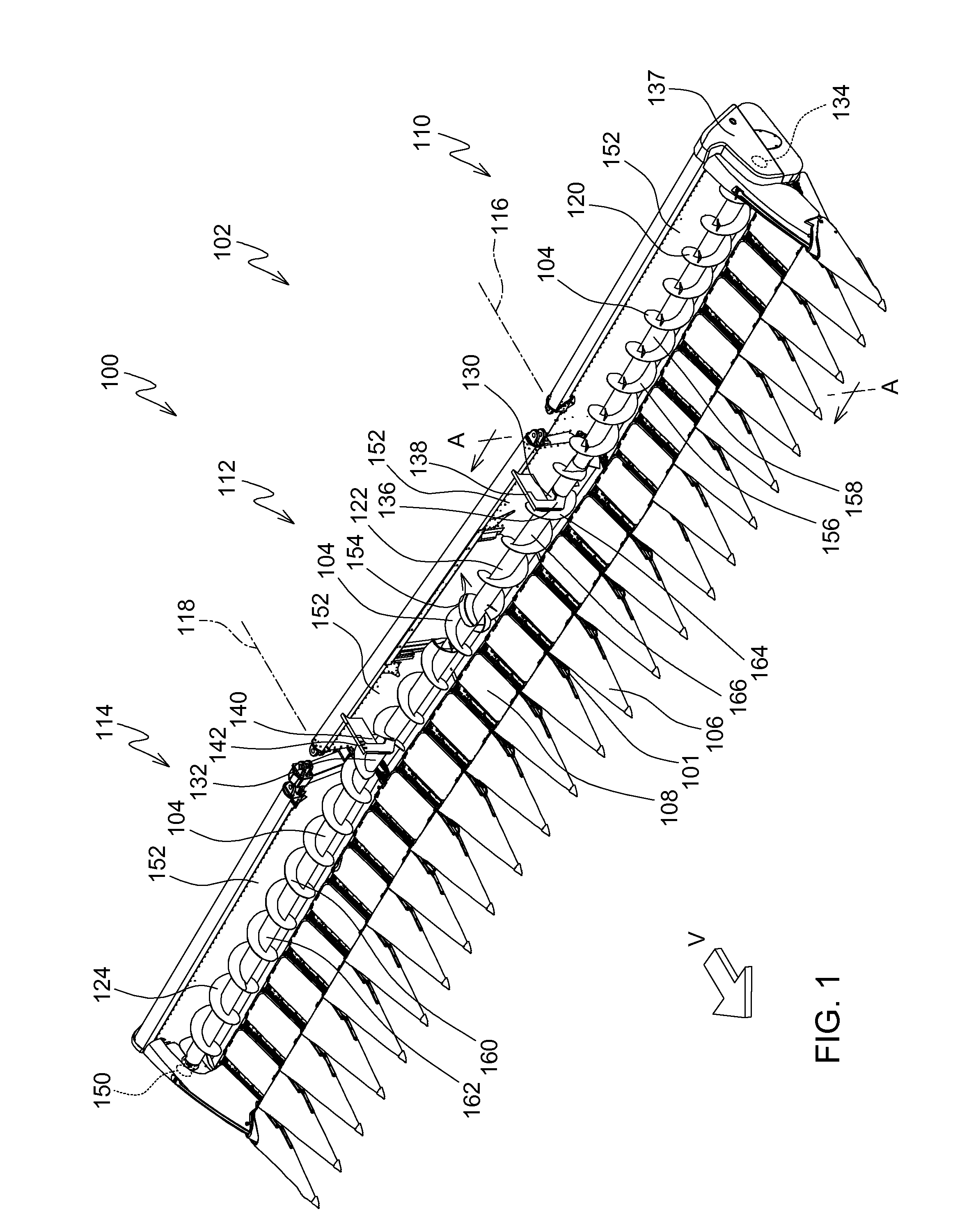 Hinged row crop auger conveyor