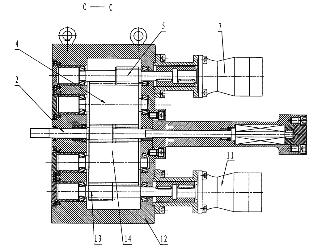 A co-rotating twin-screw transmission device using an oil motor