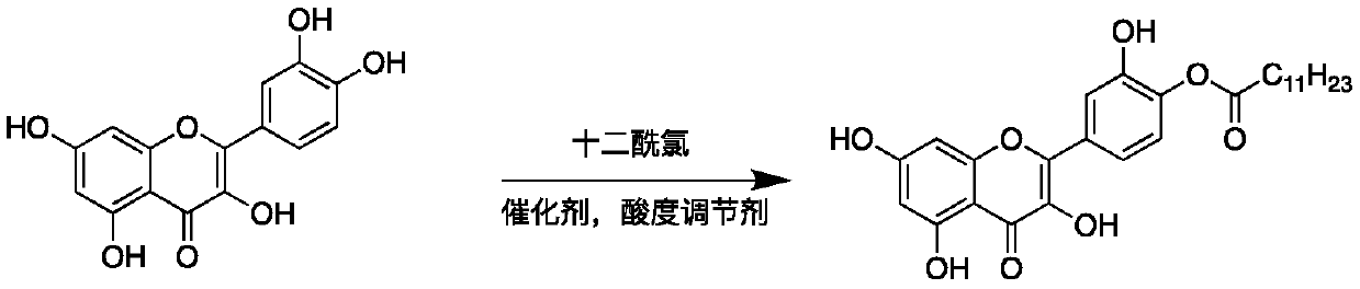 Quercetin derivative chemically modified by dodecanoyl chloride and synthesis method thereof