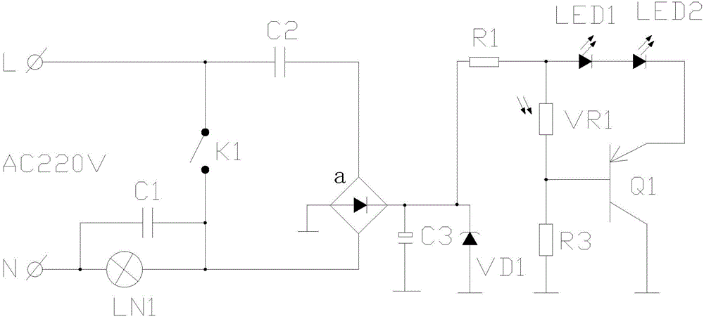 Room wall switch circuit with light-operated LED night light